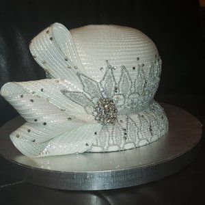 Vintage 1950's White Cloche Hat Designed with Swarovsky Crystals